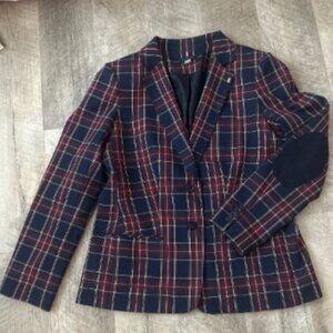 Tommy Hilfiger Navy Plaid Blazer Jacket Elbow Patches Wmn's 12 Classic